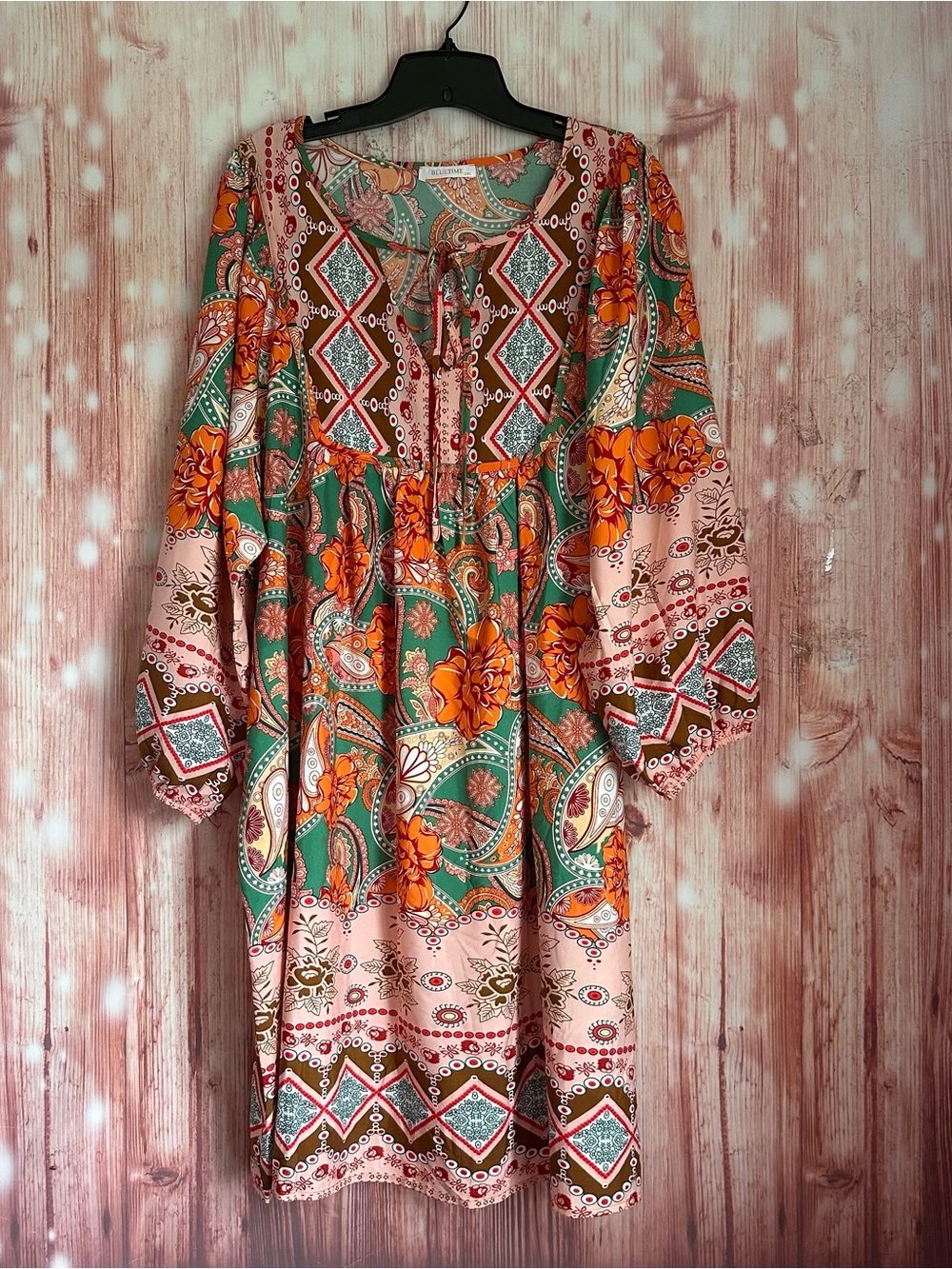 Amazon Bluetime Pink Paisley Orange Boho 3/4 Sleeve Babydoll Dress Size 2X - Picture 2 of 12